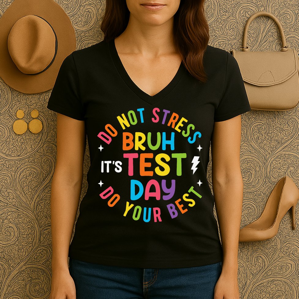 Bruh Its Test Day Rock The Test Teacher Student Testing Day Women's V-Neck T-Shirt