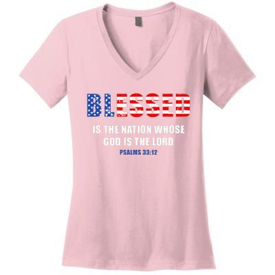 Blessed Is The Nation Whose God Is The Lord – Usa Psalm 33 Women's V-Neck T-Shirt