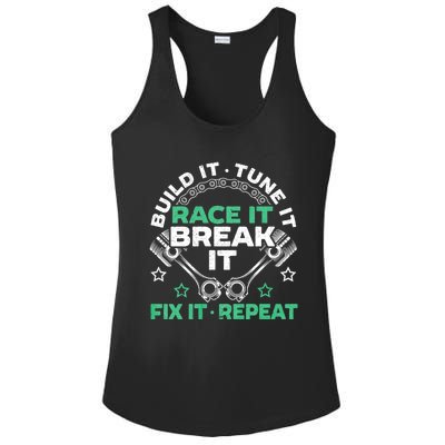 Build It Tune It Race It Break It Fix It Repeat Motorsport Ladies PosiCharge Competitor Racerback Tank