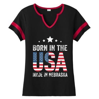 Born in the USA made and raised in Nebraska Ladies Halftime Notch Neck Tee