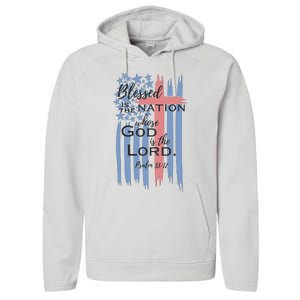 Blessed is the nation whose God is the Lord American flag Performance Fleece Hoodie