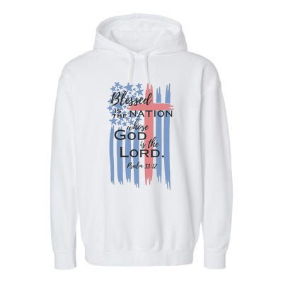 Blessed is the nation whose God is the Lord American flag Garment-Dyed Fleece Hoodie