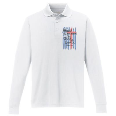 Blessed is the nation whose God is the Lord American flag Performance Long Sleeve Polo