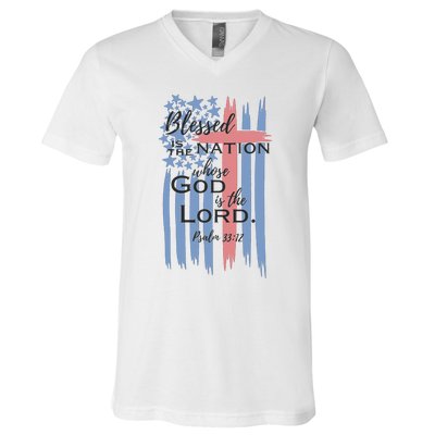 Blessed is the nation whose God is the Lord American flag V-Neck T-Shirt