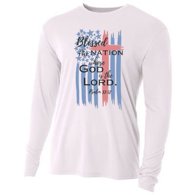 Blessed is the nation whose God is the Lord American flag Cooling Performance Long Sleeve Crew