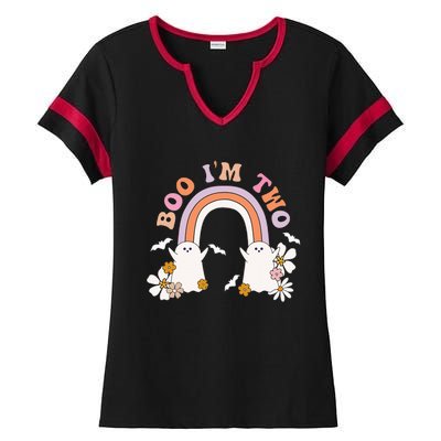 Boo I'm Two Birthday Cute Ghost Rainbow Halloween Groovy Ladies Halftime Notch Neck Tee