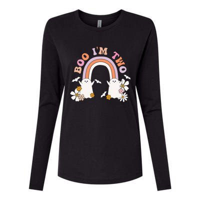 Boo I'm Two Birthday Cute Ghost Rainbow Halloween Groovy Womens Cotton Relaxed Long Sleeve T-Shirt