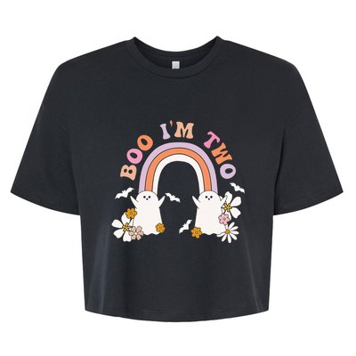 Boo I'm Two Birthday Cute Ghost Rainbow Halloween Groovy Bella+Canvas Jersey Crop Tee