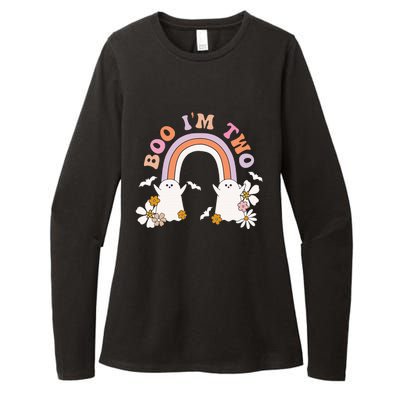 Boo I'm Two Birthday Cute Ghost Rainbow Halloween Groovy Womens CVC Long Sleeve Shirt