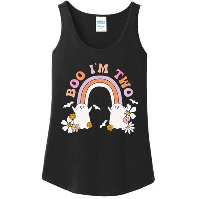 Boo I'm Two Birthday Cute Ghost Rainbow Halloween Groovy Ladies Essential Tank