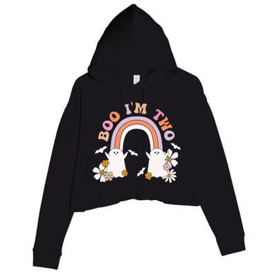 Boo I'm Two Birthday Cute Ghost Rainbow Halloween Groovy Crop Fleece Hoodie