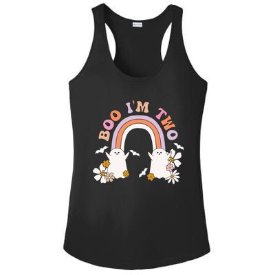 Boo I'm Two Birthday Cute Ghost Rainbow Halloween Groovy Ladies PosiCharge Competitor Racerback Tank