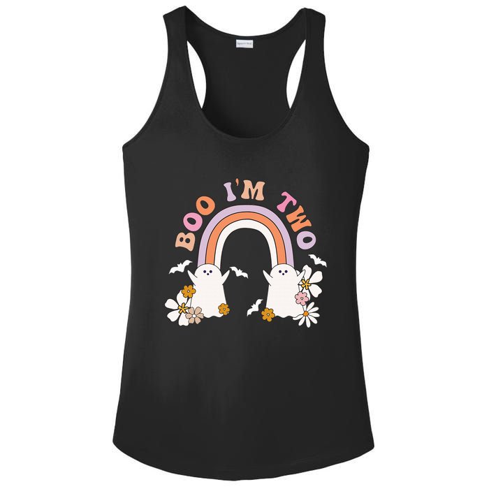 Boo I'm Two Birthday Cute Ghost Rainbow Halloween Groovy Ladies PosiCharge Competitor Racerback Tank