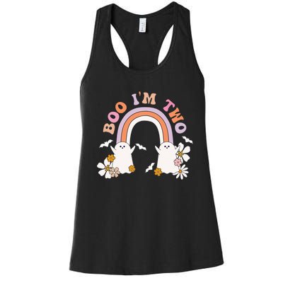 Boo I'm Two Birthday Cute Ghost Rainbow Halloween Groovy Women's Racerback Tank