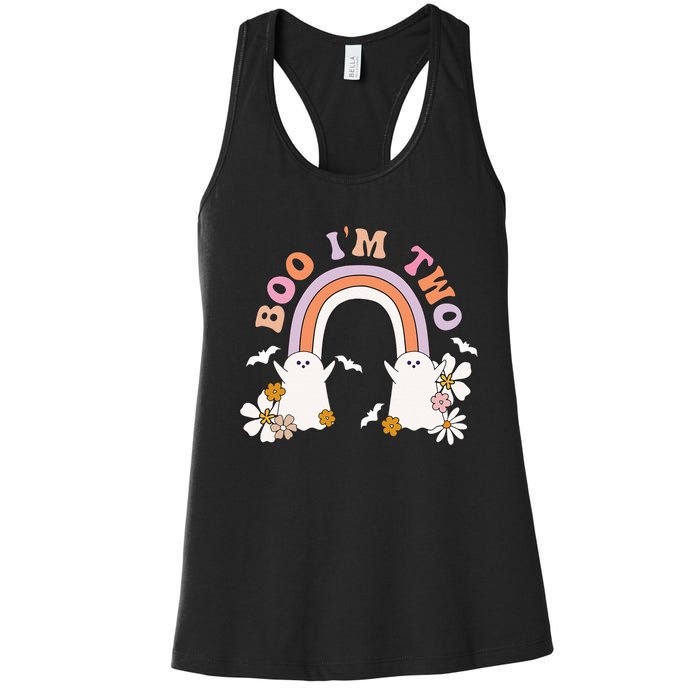 Boo I'm Two Birthday Cute Ghost Rainbow Halloween Groovy Women's Racerback Tank