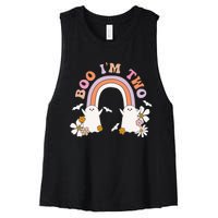 Boo I'm Two Birthday Cute Ghost Rainbow Halloween Groovy Women's Racerback Cropped Tank