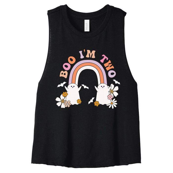 Boo I'm Two Birthday Cute Ghost Rainbow Halloween Groovy Women's Racerback Cropped Tank