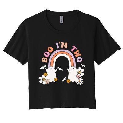 Boo I'm Two Birthday Cute Ghost Rainbow Halloween Groovy Women's Crop Top Tee