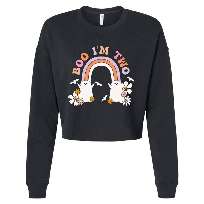 Boo I'm Two Birthday Cute Ghost Rainbow Halloween Groovy Cropped Pullover Crew