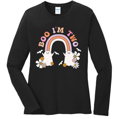 Boo I'm Two Birthday Cute Ghost Rainbow Halloween Groovy Ladies Long Sleeve Shirt