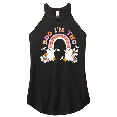 Boo I'm Two Birthday Cute Ghost Rainbow Halloween Groovy Women's Perfect Tri Rocker Tank