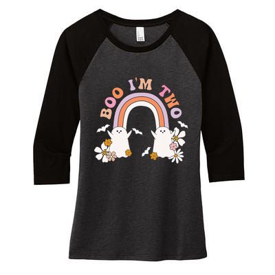 Boo I'm Two Birthday Cute Ghost Rainbow Halloween Groovy Women's Tri-Blend 3/4-Sleeve Raglan Shirt