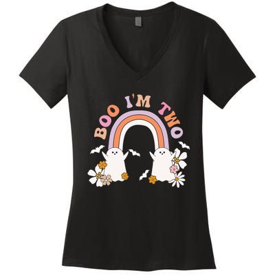 Boo I'm Two Birthday Cute Ghost Rainbow Halloween Groovy Women's V-Neck T-Shirt