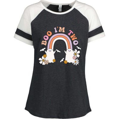 Boo I'm Two Birthday Cute Ghost Rainbow Halloween Groovy Enza Ladies Jersey Colorblock Tee