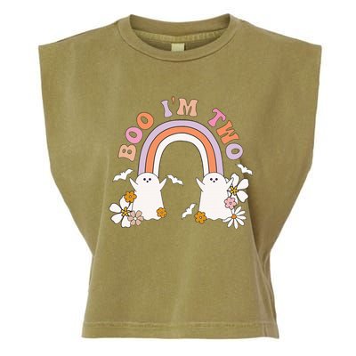 Boo I'm Two Birthday Cute Ghost Rainbow Halloween Groovy Garment-Dyed Women's Muscle Tee