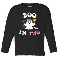 Boo I'm Two Ghost Second 2nd Birthday Groovy Halloween Toddler Long Sleeve Shirt