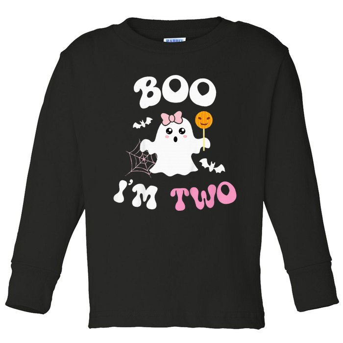 Boo I'm Two Ghost Second 2nd Birthday Groovy Halloween Toddler Long Sleeve Shirt