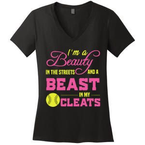 Beauty In The Street Beast In My Cleats GirlWo Softball Women's V-Neck T-Shirt