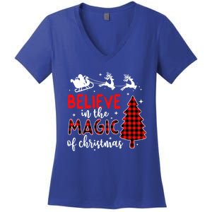 Believe In The Magic Of Christmas Buffalo Plaid Tree Holiday Gift Women's V-Neck T-Shirt