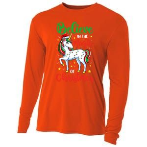 Believe In The Magic Of Christmas Unicorn Xmas Girl Meaningful Gift Cooling Performance Long Sleeve Crew