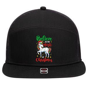 Believe In The Magic Of Christmas Unicorn Xmas Girl Meaningful Gift 7 Panel Mesh Trucker Snapback Hat