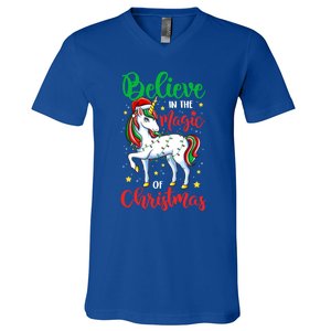 Believe In The Magic Of Christmas Unicorn Xmas Girl Meaningful Gift V-Neck T-Shirt