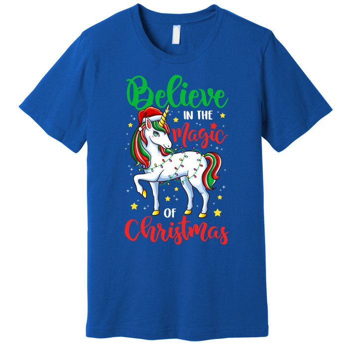 Believe In The Magic Of Christmas Unicorn Xmas Girl Meaningful Gift Premium T-Shirt