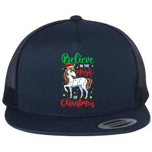 Believe In The Magic Of Christmas Unicorn Xmas Girl Meaningful Gift Flat Bill Trucker Hat