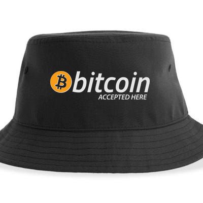 Bitcoin Accepted Here Cryptocurrency Logo Sustainable Bucket Hat
