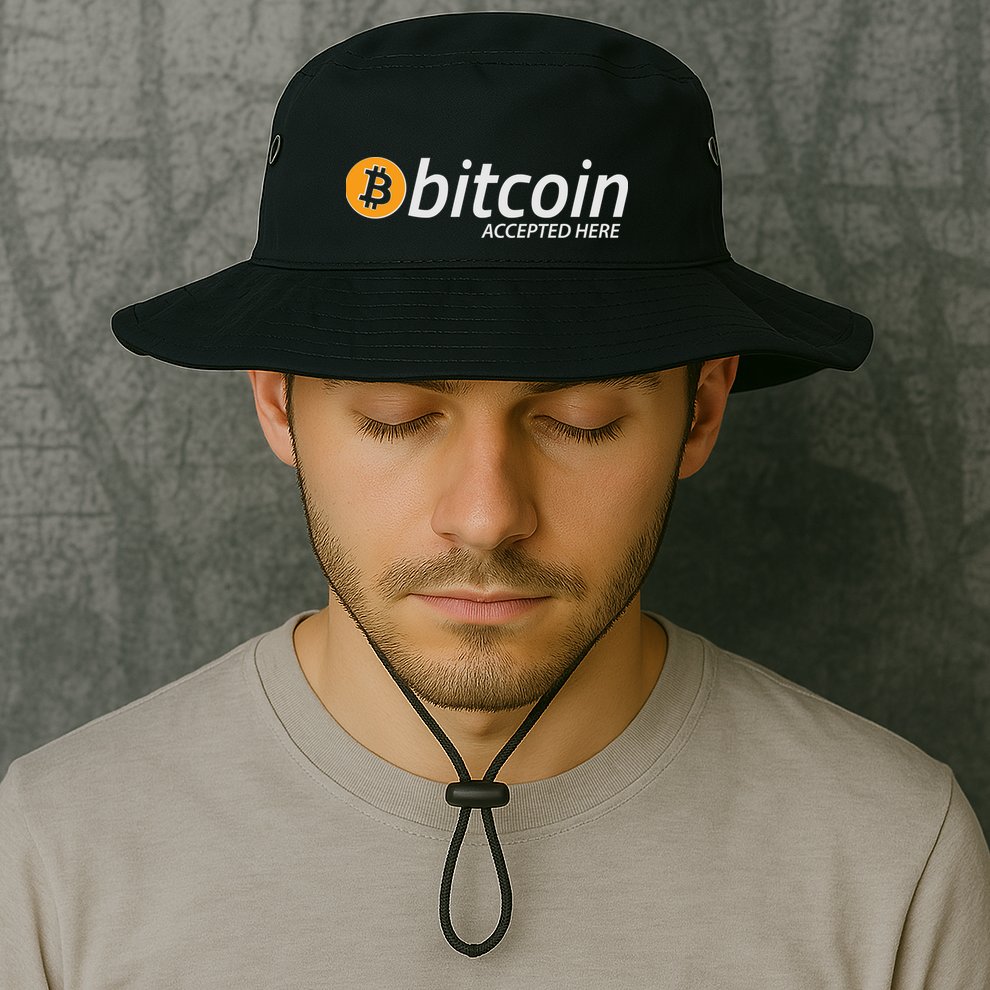 Bitcoin Accepted Here Cryptocurrency Logo Bucket Hat