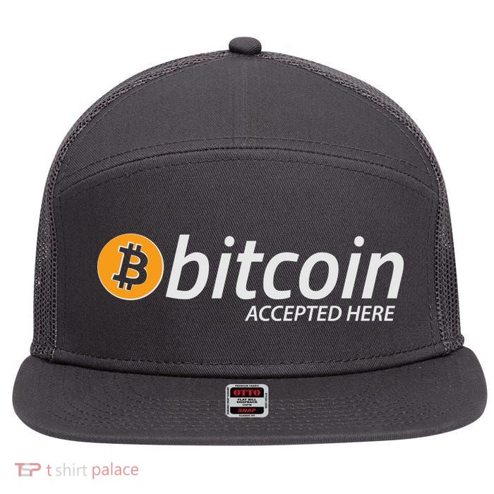 Bitcoin Accepted Here Cryptocurrency Logo 7 Panel Mesh Trucker Snapback Hat