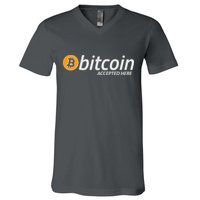 Bitcoin Accepted Here Cryptocurrency Logo V-Neck T-Shirt