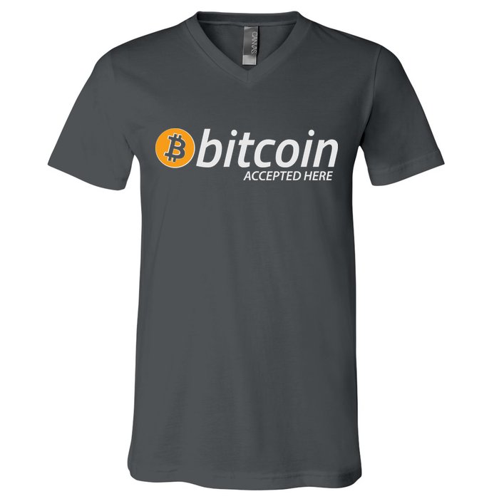 Bitcoin Accepted Here Cryptocurrency Logo V-Neck T-Shirt
