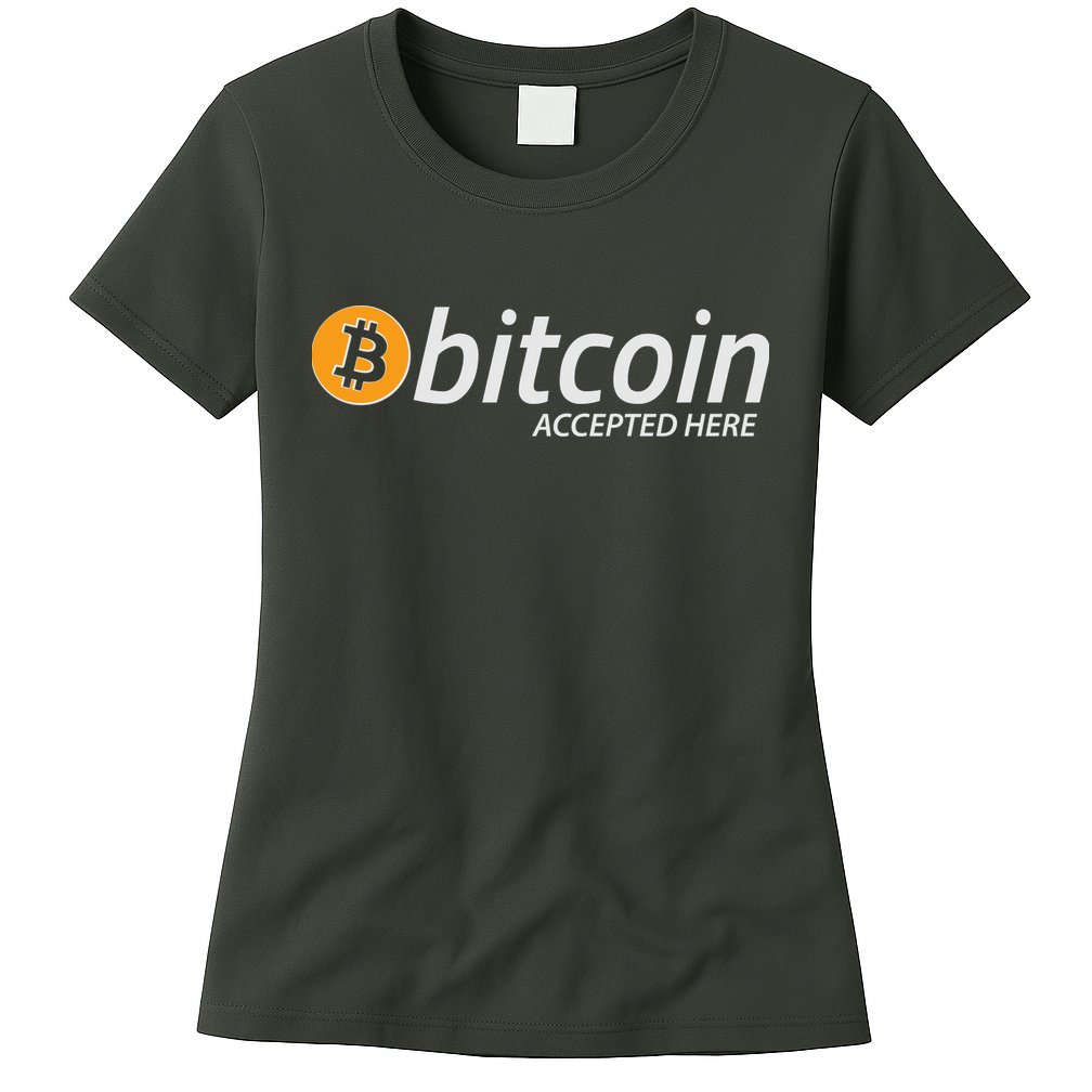 Bitcoin Accepted Here Cryptocurrency Logo Womens T-Shirt