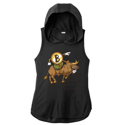 Bitcoin Cartoon Riding Bull Ladies PosiCharge Tri-Blend Wicking Draft Hoodie Tank