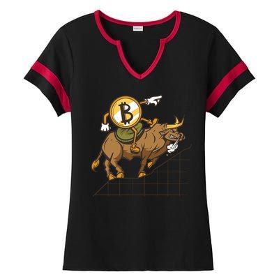 Bitcoin Cartoon Riding Bull Ladies Halftime Notch Neck Tee