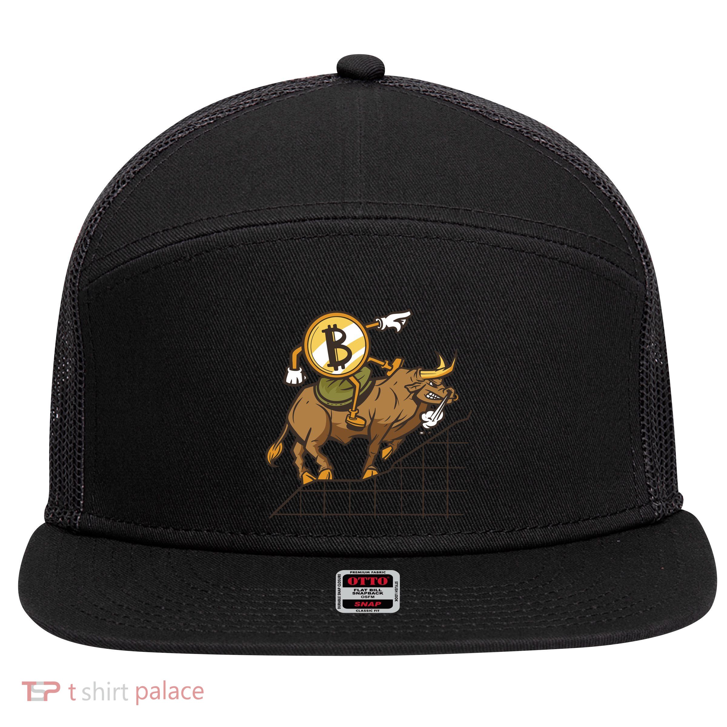 Bitcoin Cartoon Riding Bull 7 Panel Mesh Trucker Snapback Hat