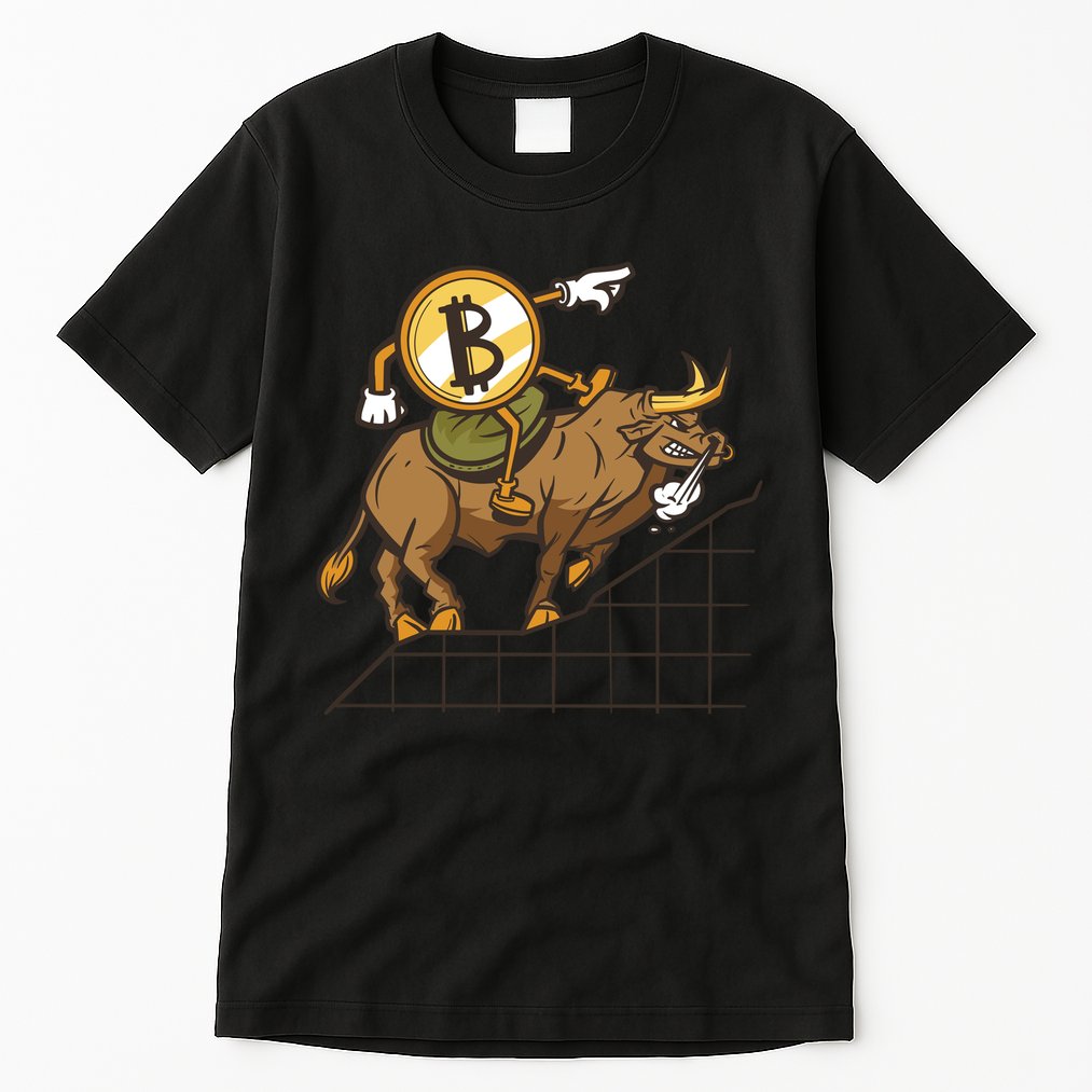 Bitcoin Cartoon Riding Bull Tall T-Shirt