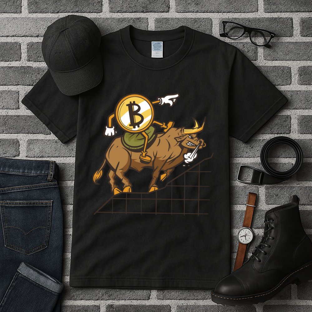 Bitcoin Cartoon Riding Bull Tall T-Shirt