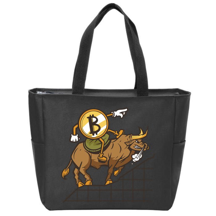 Bitcoin Cartoon Riding Bull Zip Tote Bag